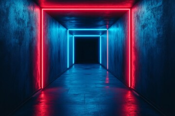 Poster - Vibrant neon lights illuminate a dark corridor creating a striking visual effect at night