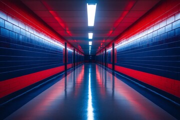 Poster - Colorful hallway with vibrant blue and red lighting in a modern building during late evening hours