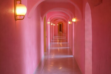 Aufkleber - Brightly lit corridor featuring pink walls and archways in a modern building during daytime
