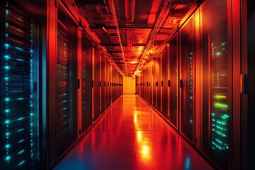 Leinwandbilder - Advanced data center corridor illuminated with colorful lights and server racks in a modern technology environment