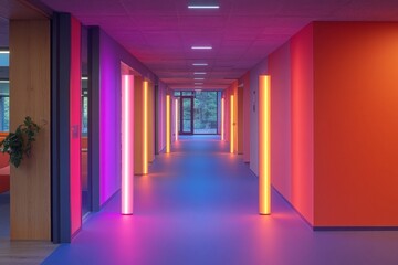 Poster - Vibrant hallway with colorful lighting in a modern building during the daytime