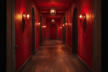 Poster - Long empty hallway with red walls and dim lighting creating an eerie atmosphere at night