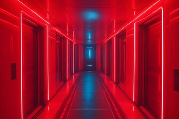 Poster - Vibrant neon lights illuminate corridor with futuristic design in a modern building at night