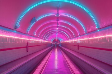 Poster - Vibrant neon tunnel with colorful lighting in urban environment during evening hours