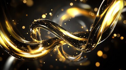 Abstract golden liquid swirls, dark background, bokeh effect
