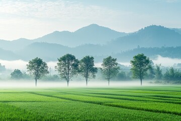 Poster - Morning mist envelops rice fields and trees near mountains in a serene rural landscape