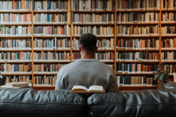 Poster - Individual reads in a library setting, surrounded by shelves of books, during afternoon study hours, focused on learning and exploration
