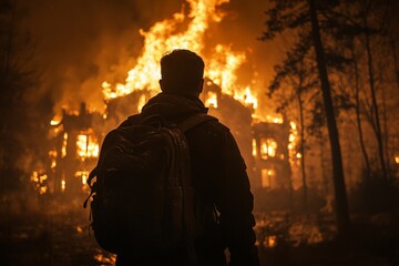 Poster - Person watching large fire engulfing a building in a forest at night