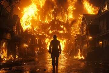 Aufkleber - Dark figure walks through burning village engulfed in flames during night