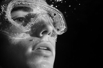 Poster - Diver explores depths with goggles, surrounded by bubbles in a dark underwater environment during an evening dive