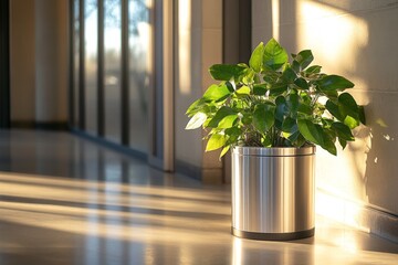 Leinwandbilder - Green plant in a stainless steel pot placed in a bright hallway with natural light shining through windows