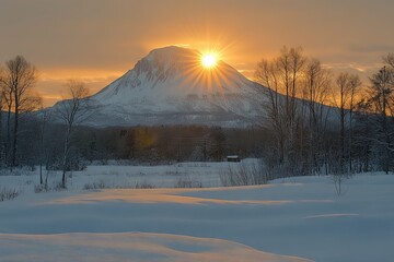 Poster - Majestic mountain in winter with sun setting behind snow-capped peak at dusk