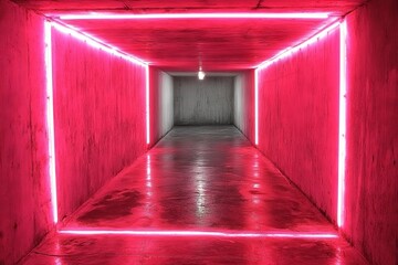 Poster - Neon-lit corridor showcases vibrant pink lights illuminating a minimalist space in an urban setting
