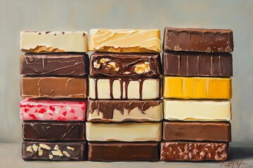 Poster - Colorful assortment of chocolate bars stacked neatly in a display showcasing various flavors and textures