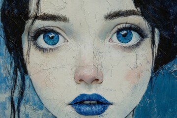 Poster - Blue-eyed girl with striking lips and cracked surface in artistic close-up portrait