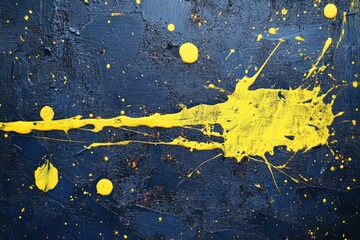 Aufkleber - Vibrant yellow paint splatter on dark blue wall creates an abstract art piece showcasing bold colors and textures