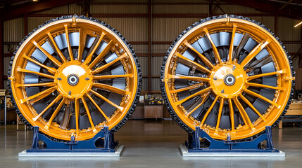 Aufkleber - Two large, intricate turbine engines showcase their vibrant yellow and silver design, set against a backdrop of industrial space