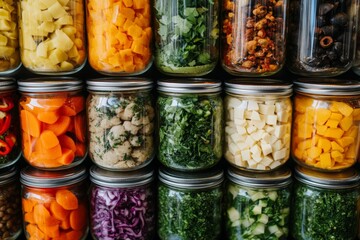 Aufkleber - Colorful jars filled with fresh vegetables and herbs arranged neatly on a shelf in a sunny kitchen