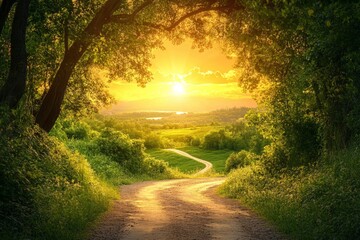 Aufkleber - Beautiful sunset view illuminating a winding pathway through lush green hills during golden hour