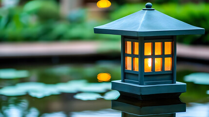 Poster - A serene lantern illuminates a tranquil pond surrounded by lush greenery, creating a peaceful ambiance