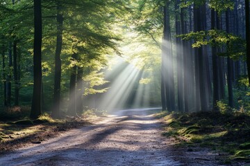 Poster - Sunlight filters through trees in a serene forest landscape at dawn, casting enchanting shadows on a dirt path
