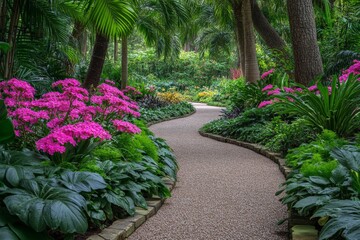 Poster - Beautiful garden path surrounded by vibrant flowers and lush greenery in a tranquil botanical setting