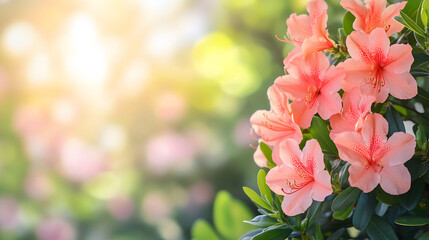 Aufkleber - A close-up of pink azalea flowers blooming amidst lush green foliage, illuminated by soft sunlight, creating a serene and vibrant atmosphere