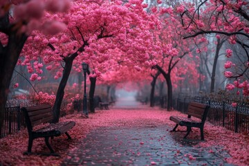 Poster - Cherry blossom trees create a stunning pathway in an early spring park surrounded by calm beauty and tranquility
