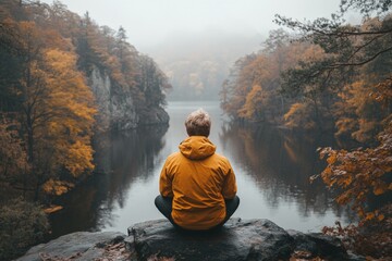 Poster - Person in yellow jacket meditating on rock by misty river surrounded by autumn foliage in serene landscape