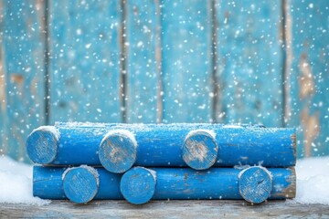 Aufkleber - Colorful blue logs covered in snow against a weathered blue background create a tranquil winter atmosphere