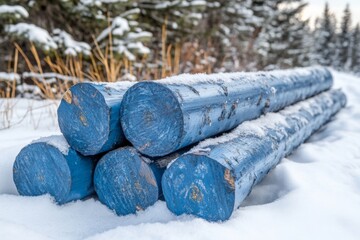 Aufkleber - Logs painted blue lie on snow-covered ground surrounded by trees in winter landscape