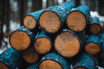 Poster - Logs stacked in a snowy forest creating a serene and rustic atmosphere during winter season