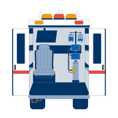Poster - Inside view of ambulance with medical equipment 2D cartoon object. Monitoring screens, IV bags, paramedic seat in hospital vehicle isolated element flat vector clip art on white. Spot illustration