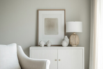 Poster - Neutral-toned living room scene showcasing a white cabinet with textured doors, a framed abstract print, decorative vases, and a table lamp, creating a calm and sophisticated ambiance