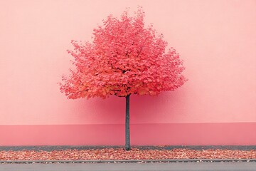 Aufkleber - Vibrant pink wall enhances the beauty of a red-orange autumn tree in a serene urban setting