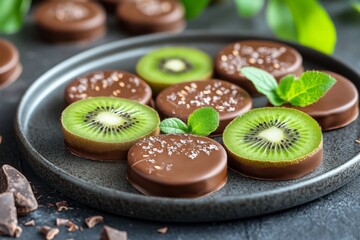 Poster - Chocolate-covered kiwi slices arranged on a dark plate with fresh mint leaves