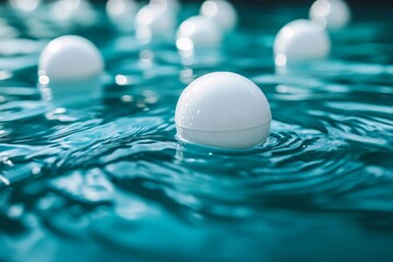 Poster - Floating white orbs create a tranquil atmosphere in a serene pool during a sunny day in late afternoon light