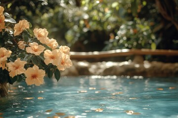 Poster - Calm water reflects vibrant flowers in a serene tropical garden setting during daylight