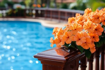 Poster - Bright orange flowers adorn wooden railing by sparkling pool in tropical setting during sunny afternoon