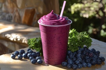 Poster - Refreshing berry smoothie blend served in a cup with fresh ingredients on a stone surface near greenery