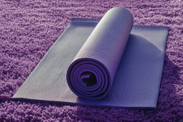 Poster - Yoga mat rolled up on a textured purple surface in a serene indoor environment for relaxation and exercise