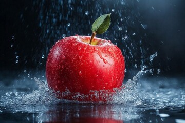 Poster - Red apple splashing in water with droplets against a dark background in a creative still life setting