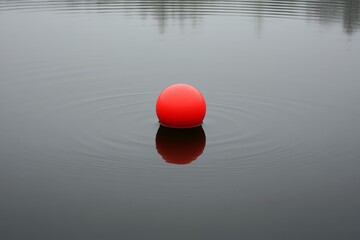 Poster - Bright red buoy floats on calm waters reflecting a tranquil morning atmosphere in a secluded lake