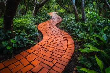 Poster - Winding brick pathway through lush tropical garden during bright daytime