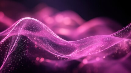Poster - Abstract pink flowing light wave shimmering with tiny bokeh against a dark violet background elegance