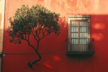 Poster - Red wall with tree and balcony creates striking contrast in urban setting during late afternoon light