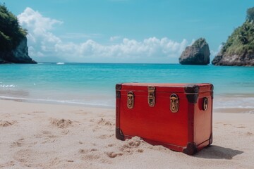 Poster - Red vintage trunk on a serene beach with clear blue water and distant cliffs during a sunny day