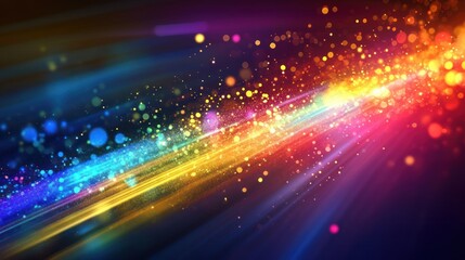 Poster - Vibrant rainbow spectrum with luminous particles illuminating dark stage energy motion bokeh abstract modern