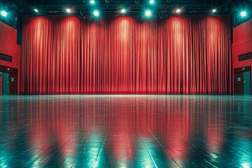 Leinwandbilder - The vibrant stage awaits performers in an empty theater with a red curtain and polished floor under bright lights