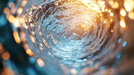 Poster - Swirling stream of crystal clear water with golden light Abstract view Fluid movement liquid motion